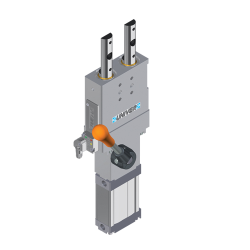 Pneumatic retractable locating pin unit with two rods and hand lever, Ø